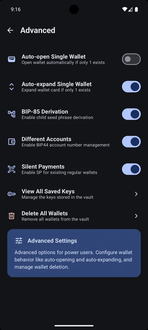 Power-user toggles: BIP-85, accounts, Silent Payments