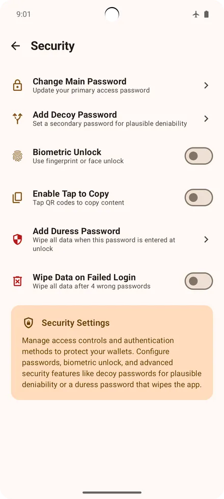 Decoy password, biometrics, auto-wipe